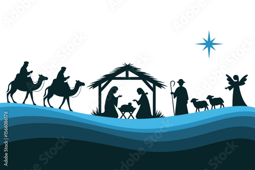 Nativity Bethlehem silhouette featuring wise men, shepherds, angels suitable for Christmas cards, religious websites, and holiday decorations.