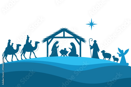Nativity Bethlehem silhouette featuring wise men, shepherds, angels suitable for Christmas cards, religious websites, and holiday decorations.