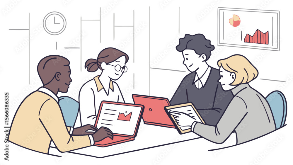 Collaborative Business Team Analyzing Data in Modern Office Meeting. Diverse Professionals Working on Laptops and Tablet, Discussing Strategy and G... Collaborative Business Team Analyzing Data in Modern Office Meeting. Diverse Professionals Working on Laptops and Tablet, Discussing Strategy and G...