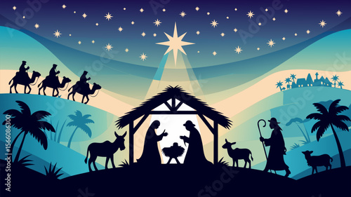 Nativity Bethlehem silhouette featuring iconic figures like Mary, Joseph, and Jesus, perfect for Christmas designs or religious themes. Holy night.