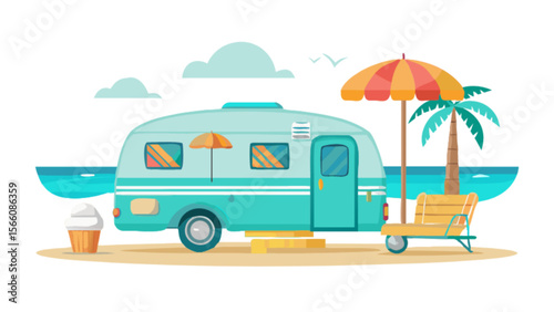 Cartoon summer beach camping with caravan travel trailer vacation and palm tree vector illustration design