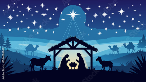 Nativity Bethlehem Silhouette featuring Mary, Joseph, baby Jesus, and wise men. Perfect for Christmas cards, religious designs, and holiday decorations.