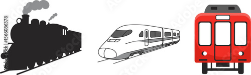 Train evolution vector art: vintage steam engine to modern bullet train and red subway illustration