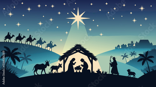 Nativity Bethlehem silhouette featuring iconic figures like Mary, Joseph, and Jesus, perfect for Christmas designs or religious themes. Holy night.