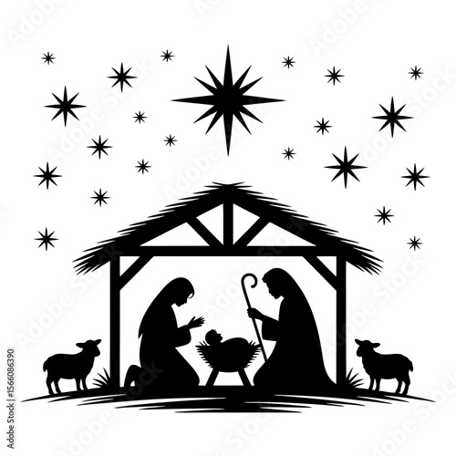Nativity Bethlehem silhouette featuring Mary, Joseph, Jesus, and sheep; perfect for Christmas cards, banners, religiousthemed projects, and holiday designs.