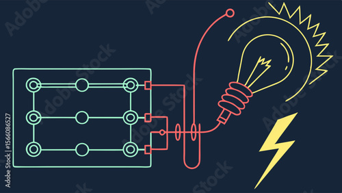 Bright Idea and Innovation Concept: Glowing Light Bulb Connected to an Electrical Circuit Diagram with Power Symbol