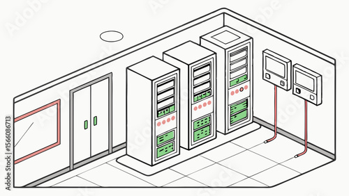 Isometric Illustration of a Modern Data Center Server Room with Multiple Racks, Networking Equipment, and Cables, Depicting IT Infrastructure and C...