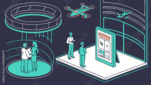 People Exploring Advanced Technology and Digital Innovations at a Futuristic Tech Exhibition – Isometric Illustration of Future Trends and Smart So...