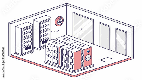Isometric Illustration of a Modern Server Room with Network Racks and Data Storage Units. Digital Technology Infrastructure for Cloud Computing and...