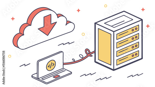 Isometric Cloud Computing and Server Infrastructure: Data Transfer, Web Development, and Hosting Workflow Illustration