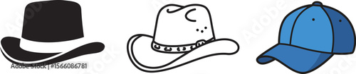 Hats collection vector illustration: bowler hat, cowboy hat and baseball cap for fashion and apparel