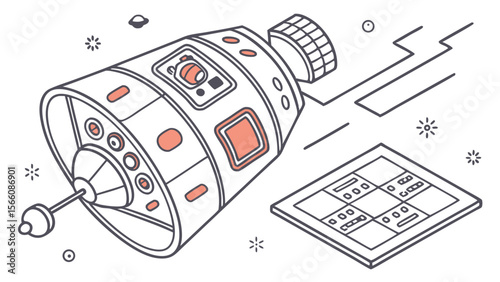 Isometric Line Art Spacecraft Module with Solar Panel. Cosmic Exploration Technology Concept. Future Space Travel and Satellite Communication Illus...