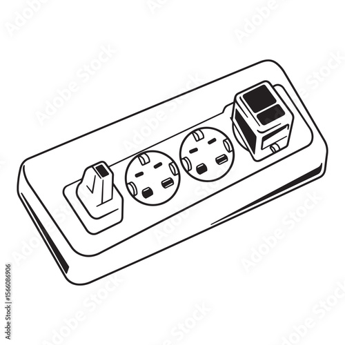 Simple black and white illustration of a multi plug power strip with multiple outlets
