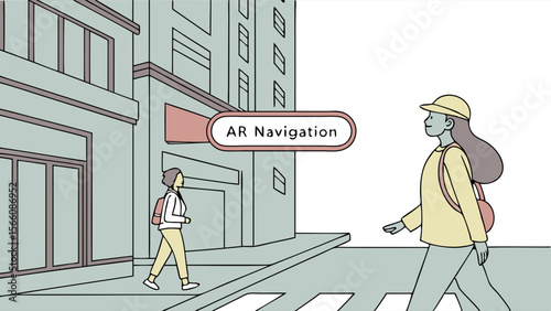 Augmented Reality Navigation Overlay Guiding Pedestrians in a Modern Urban City Street Illustration