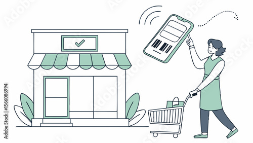 Seamless Digital Shopping Experience: Customer with Cart Using Mobile Payment and Barcode Scan at a Modern Retail Store
