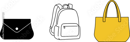 Illustration of different types of bags including clutch backpack and tote bag for fashion and travel