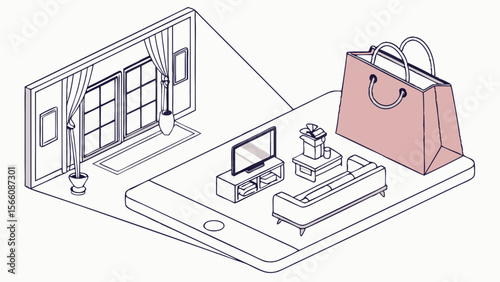 Online Home Shopping Concept: Digital Retail Experience for Furniture and Decor on a Smartphone with a Pink Shopping Bag