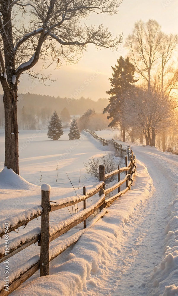 Naklejka premium winter road in the snow, Snowy landscape with rustic log fence and gentle snowdrifts under golden winter light.