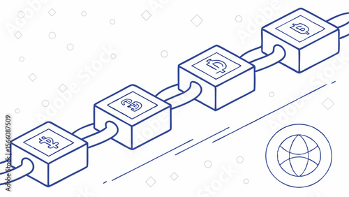 Blockchain Technology Abstract: Isometric Line Art of Interconnected Data Blocks and Global Network Icon for Digital Finance and Decentralized Ledger