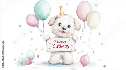 flat watercolor style illustration, attractive for children, cute dog holding a signboard with text 