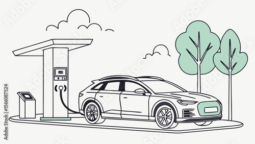 Modern Electric Vehicle SUV Charging at an EV Station with Green Energy Theme Line Art Illustration