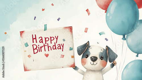 flat watercolor style illustration, attractive for children, cute dog holding a signboard with text 