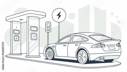 Electric Vehicle Charging Station in Cityscape Outline Illustration for Sustainable Urban Mobility