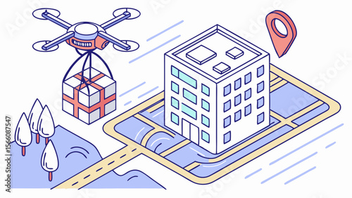 Isometric Drone Delivery to Urban Building with Map and Location Pin for Future Logistics and E-commerce