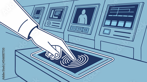 Hand Activating Biometric Fingerprint Scanner on High-Tech Control Panel. Digital Security and Access Control Concept with Futuristic Interface.