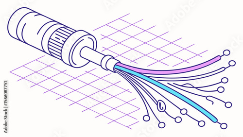 Isometric Line Art Illustration of a Splayed Data Cable with Connector, Representing Digital Connections and Technology Infrastructure