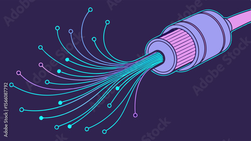High-Speed Fiber Optic Cable Illustration with Branching Data Streams and Digital Connectivity Concept on Dark Background