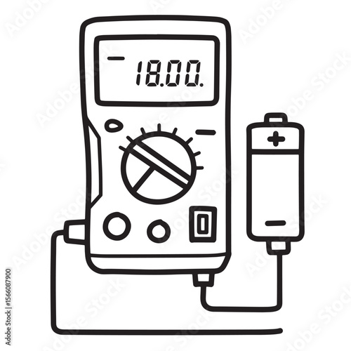 Vector illustration of a digital multimeter with battery icon showcasing voltage measurement.