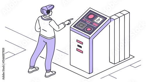 Isometric Illustration of Person Interacting with Self-Service Digital Kiosk. User Points at Touchscreen Terminal for Information, Ticketing, or Mo...