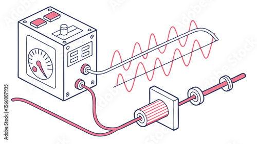 Abstract Isometric Diagram of Signal Transmission and Reception with Wavy Energy Flow and Control Unit