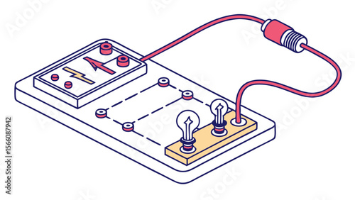 Simple Electrical Circuit Board Illustration for Science Education and Technology Learning. Isometric Diagram of Basic Electronics Experiment Kit w...