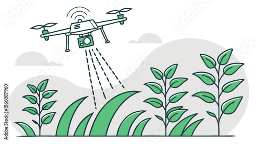 Precision Agriculture Drone Monitoring Crops Illustration. Smart Farming Technology with UAV for Crop Health and Yield Optimization in Modern Agric...