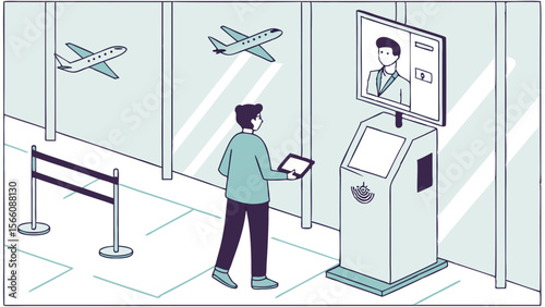 Airport Self-Service Kiosk with Biometric Facial Recognition for Traveler Check-in. Modern Digital Technology Streamlining Passenger Processing and...