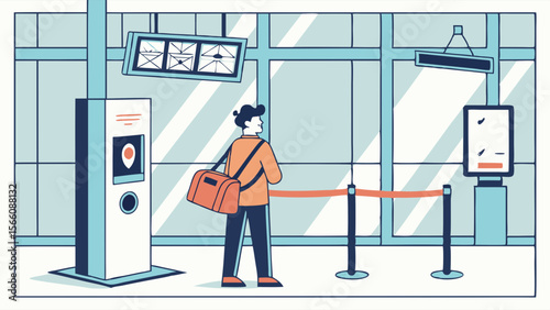 Modern Transport Hub: Digital Illustration of a Traveler Waiting in an Airport or Train Station Terminal with Self-Service Kiosks and Information S...
