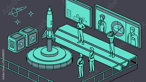 Isometric Space Exploration Exhibit with Rocket, Scientists, and Futuristic Technology. Digital Illustration for Science, Innovation, and Future Co...