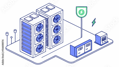 Isometric Data Center Cooling and Power Infrastructure with Energy Efficiency Symbol