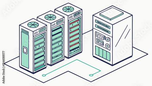 Isometric Illustration of Server Racks and Network Connections in a Data Center, Representing Cloud Computing and IT Infrastructure
