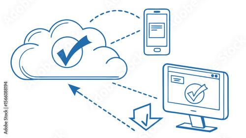 Cloud Data Synchronization and Connectivity Concept for Mobile and Desktop Devices with Verification Checkmarks