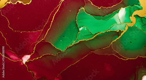 Abstract green and red agate stone textures with golden veins  