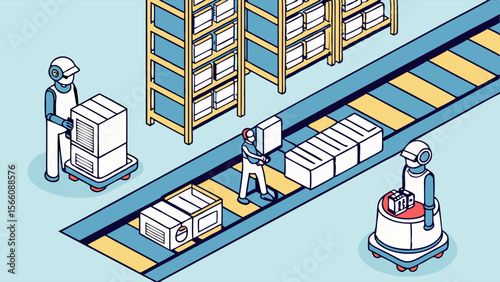 Automated Warehouse Logistics: Isometric Illustration of Robots, Human Worker, and Conveyor Belt System for Smart Supply Chain Management and Moder...