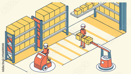 Automated Warehouse Logistics: Robots and Smart Systems Managing Boxes and Inventory in Modern Industrial Storage Facility - Isometric Illustration...