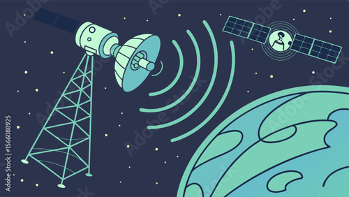 Global Telecommunication Network: Earth Tower and Satellites Connecting the World with Digital Signals