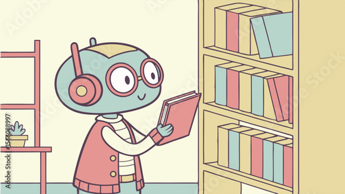 Cute Robot Character Reading a Book from a Bookshelf, Illustrating AI and Learning in a Modern, Pastel-Toned Vector Style
