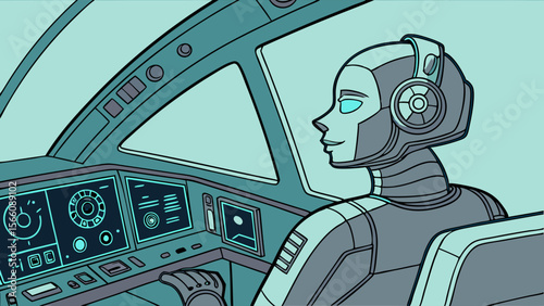 Advanced AI Robot Pilot Navigating a Futuristic Spaceship Cockpit with Digital Controls and Sci-Fi Interface in a Monochromatic Blue Palette