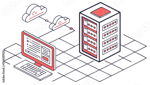 Isometric Cloud Computing and Data Center Infrastructure with Networked Computer and Server Rack on White Background