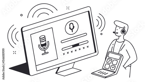 AI Voice Assistant and Smart Device Integration: Person Using Speech Recognition for Digital Communication and Audio Input on Computer Monitor